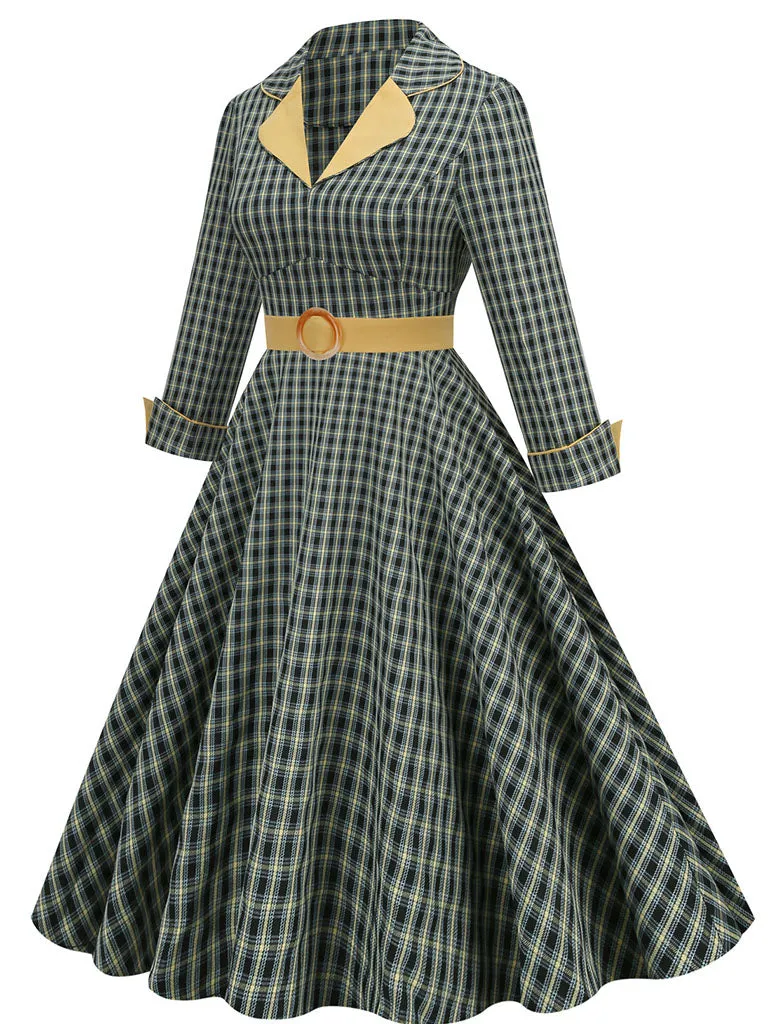 1950S Green Turn Down Collar Plaid Long Sleeve Vintage Swing Dress