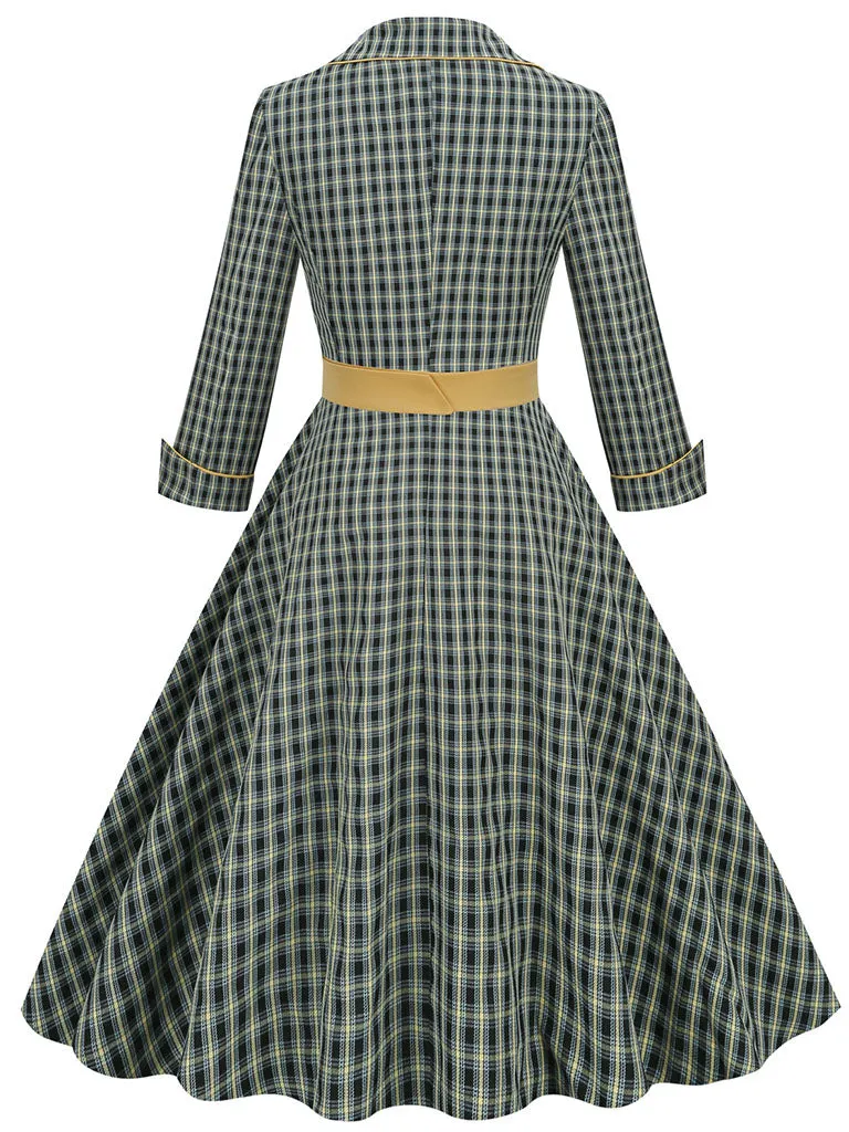 1950S Green Turn Down Collar Plaid Long Sleeve Vintage Swing Dress