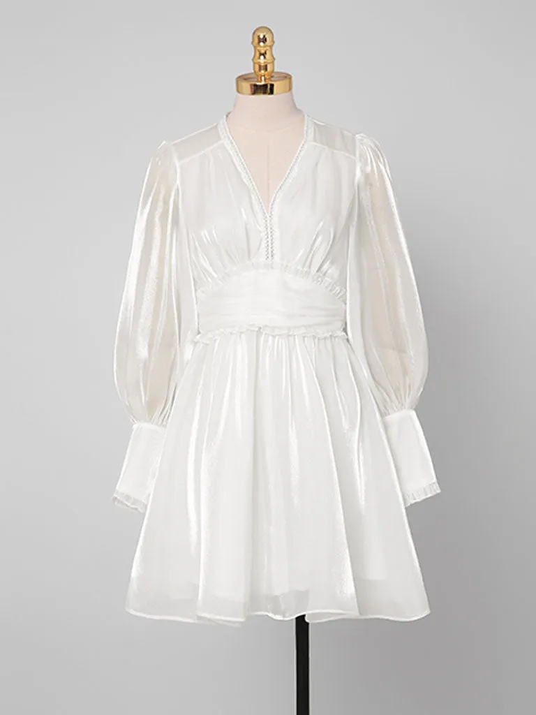 1960S White Puff Long Sleeve Organza Dress