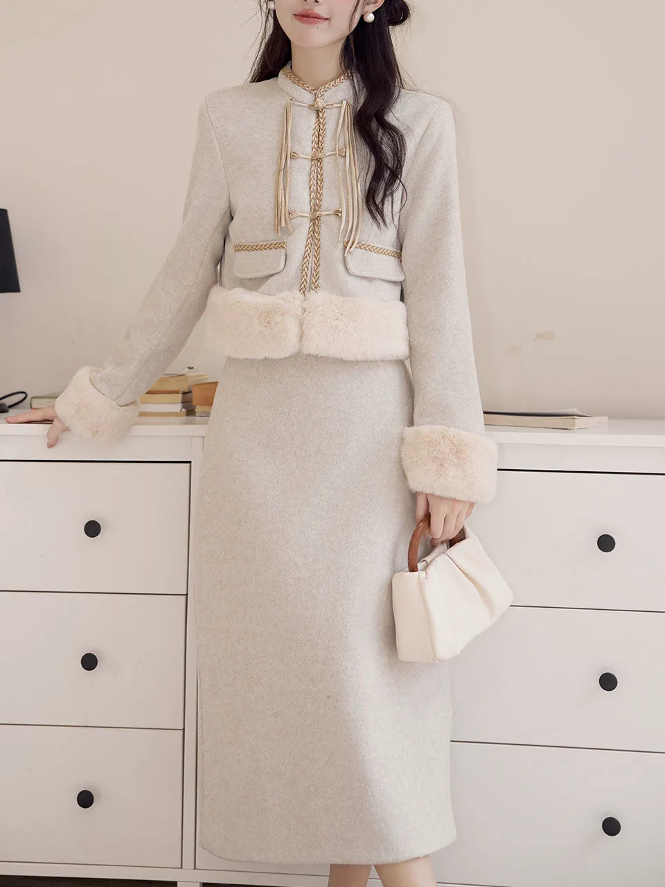 2PS Apricot Warm Thickened Top and Skirt Suit With Fake Fur Hem