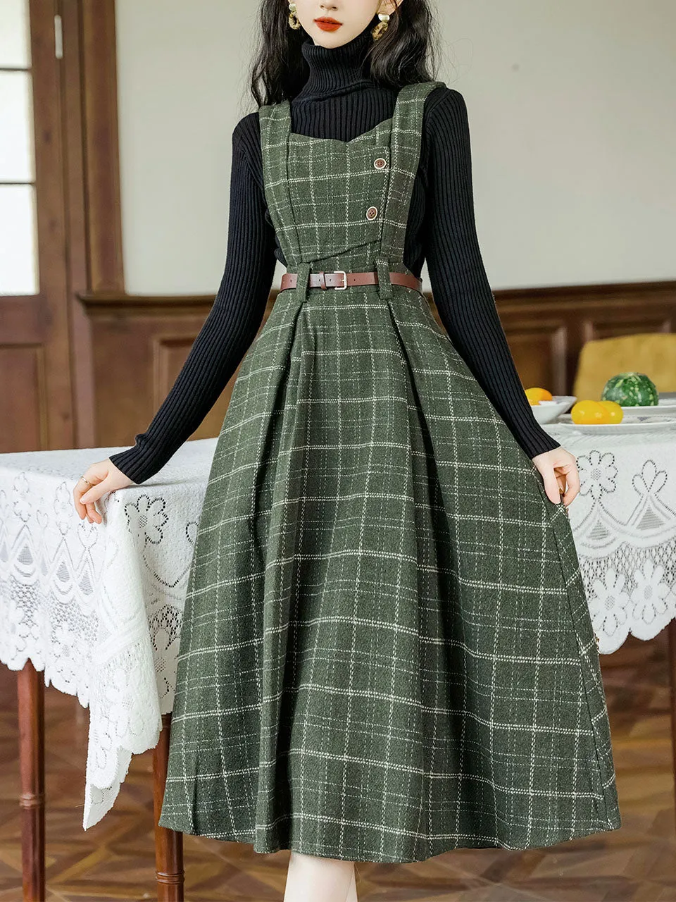 2PS Black Turtleneck Sweater With Vinatge Green Plaid Suspender Corduroy Dress