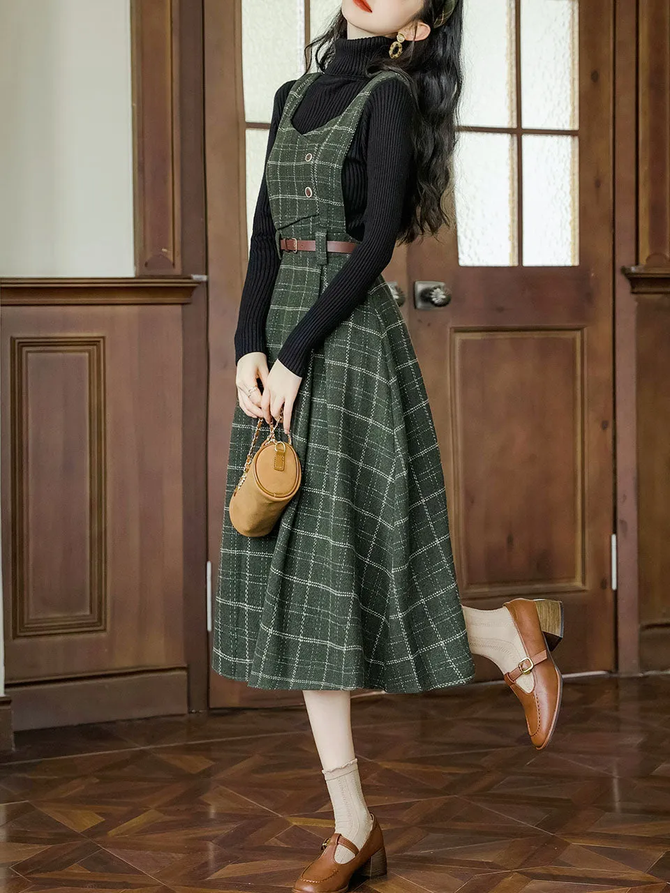 2PS Black Turtleneck Sweater With Vinatge Green Plaid Suspender Corduroy Dress