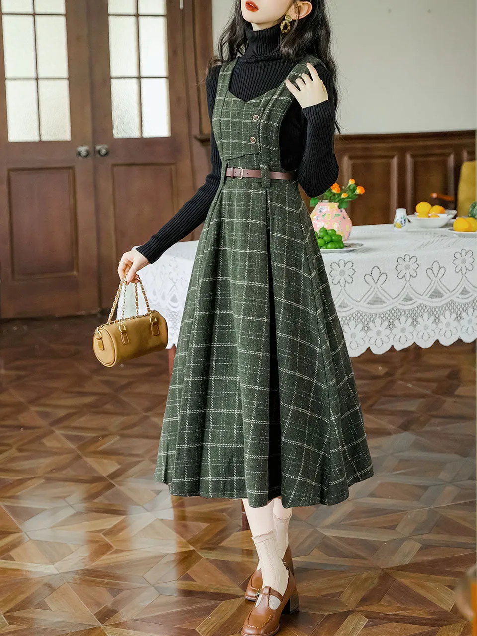 2PS Black Turtleneck Sweater With Vinatge Green Plaid Suspender Corduroy Dress