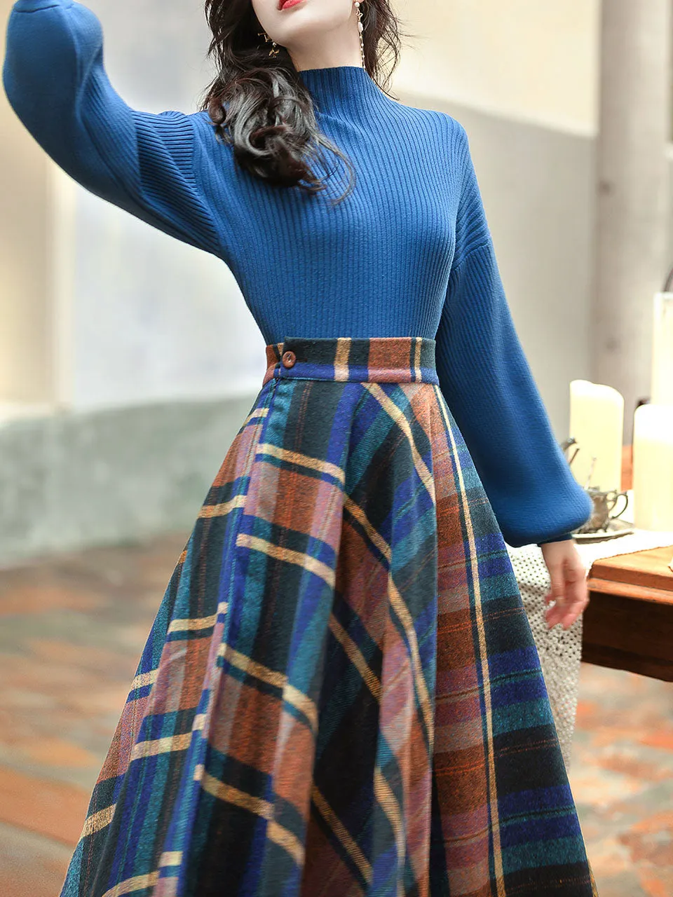 2PS Blue Sweater And Plaid Swing Skirt 1950S Vintage Audrey Hepburn's Style Outfits