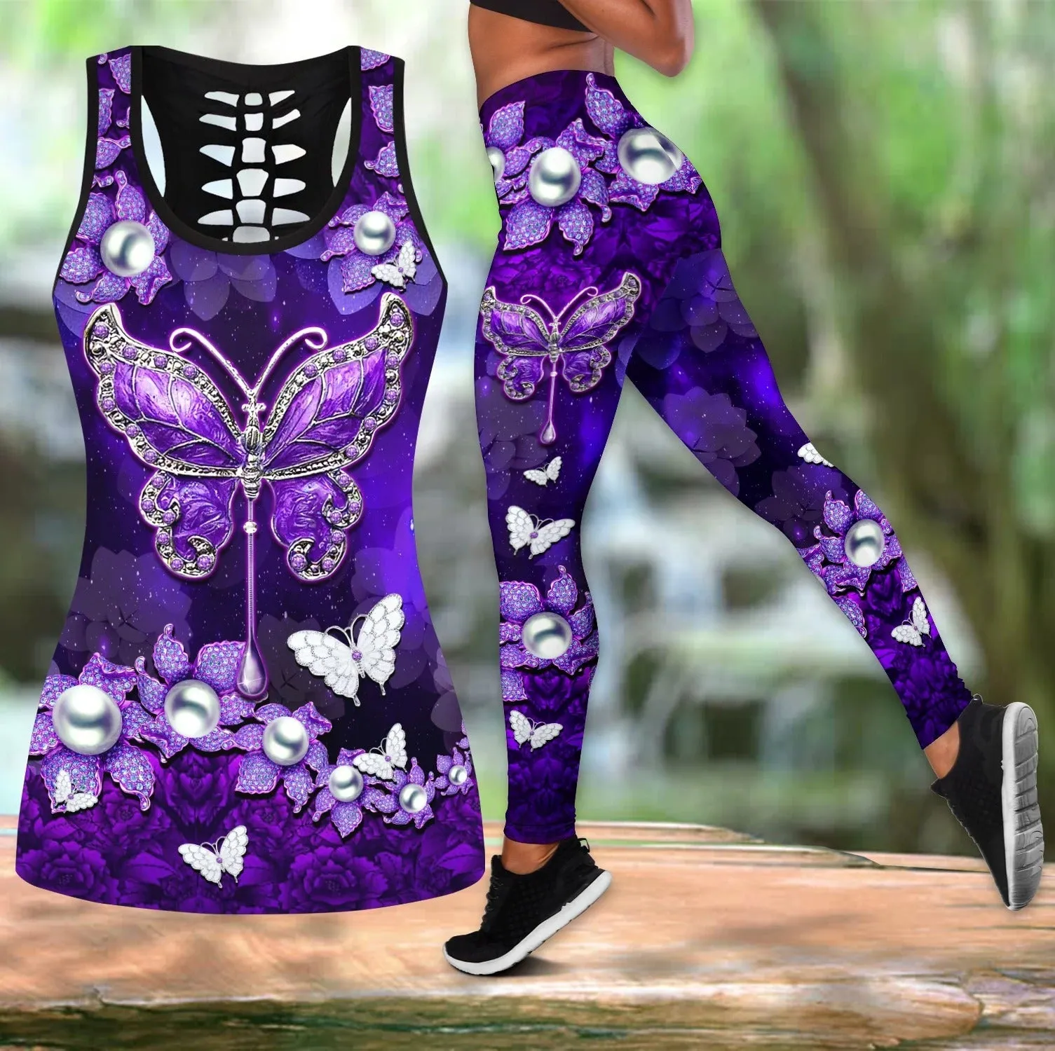 3D All Over Print Butterfly Mandala Gold Combo Legging Hollow Tanktop, Butterfly Hollow Tank Set For Her