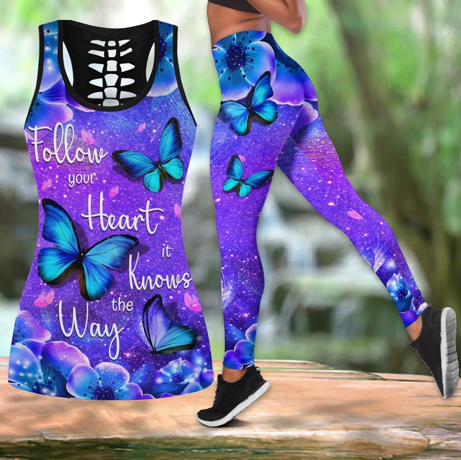 3D All Over Print Butterfly Mandala Gold Combo Legging Hollow Tanktop, Butterfly Hollow Tank Set For Her