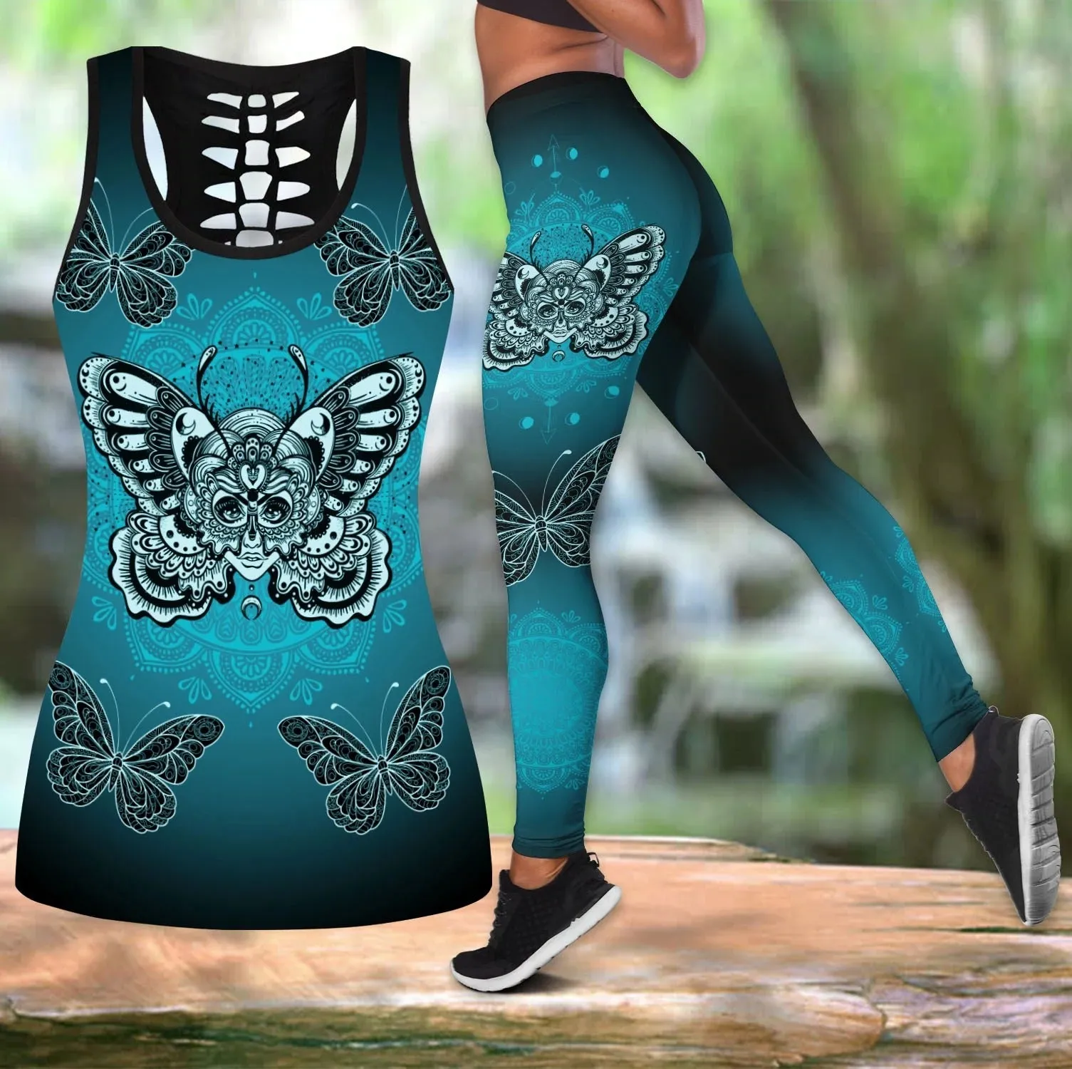 3D All Over Print Butterfly Mandala Gold Combo Legging Hollow Tanktop, Butterfly Hollow Tank Set For Her