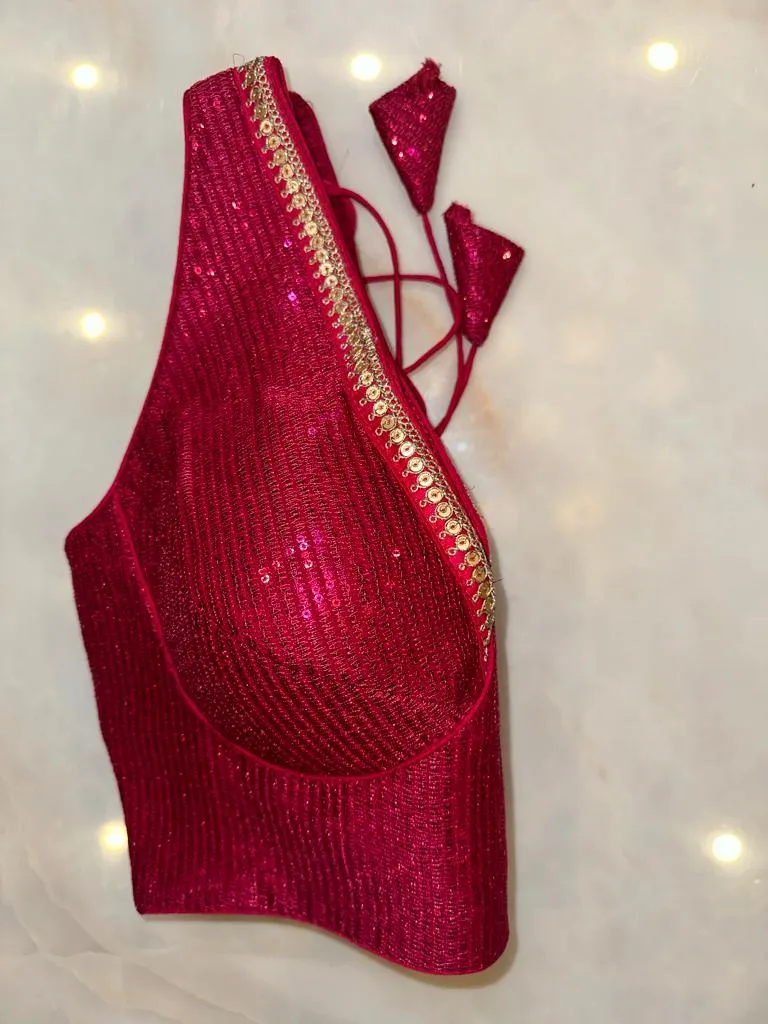 50V497-RO Magenta Sequin Saree Blouse With Sequin Lace