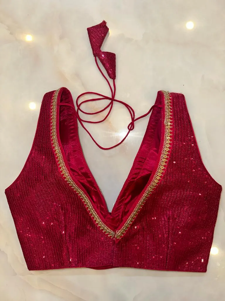 50V497-RO Magenta Sequin Saree Blouse With Sequin Lace