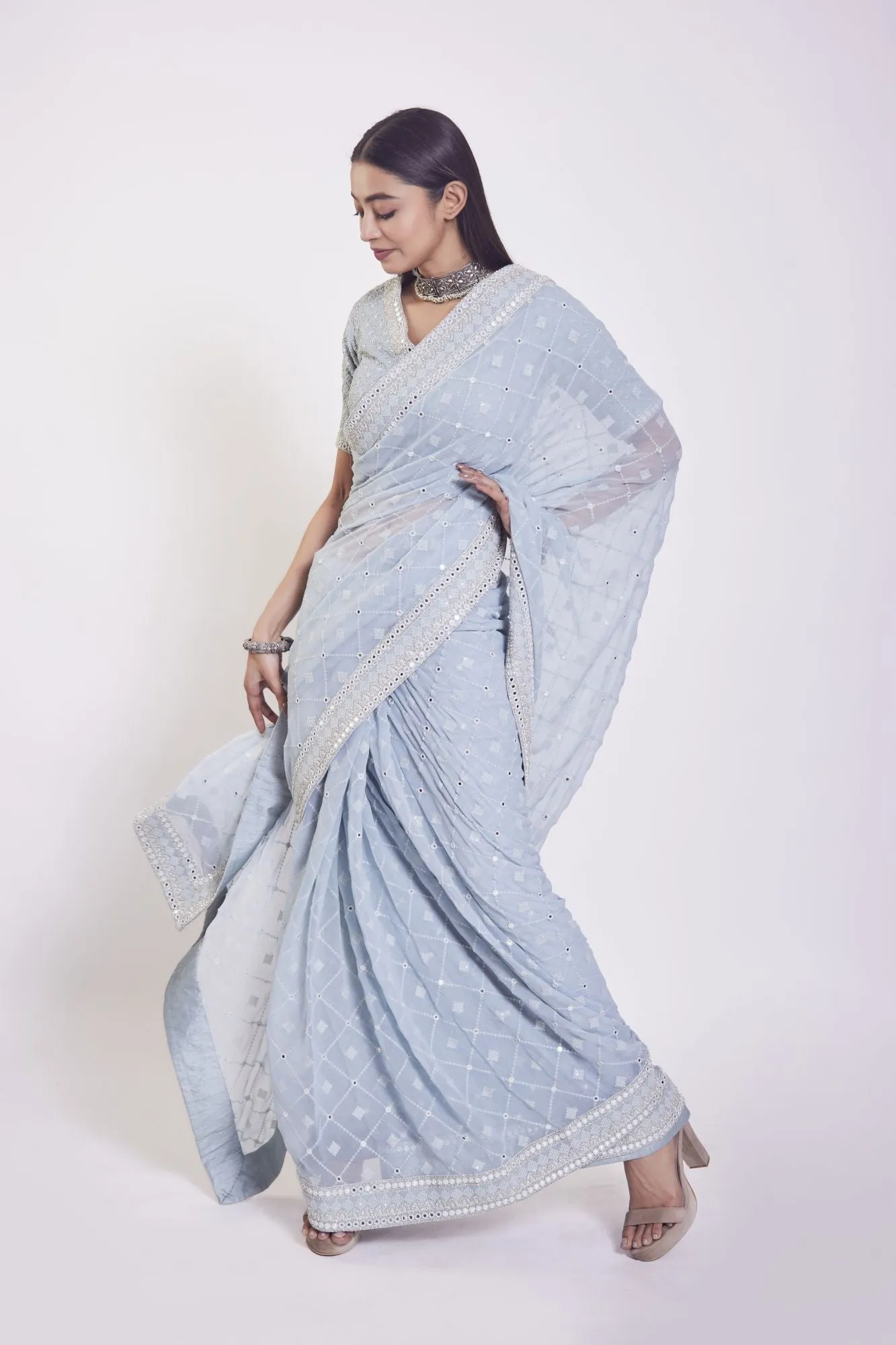 90Z824-RO Blue Embroidered Saree With Blouse