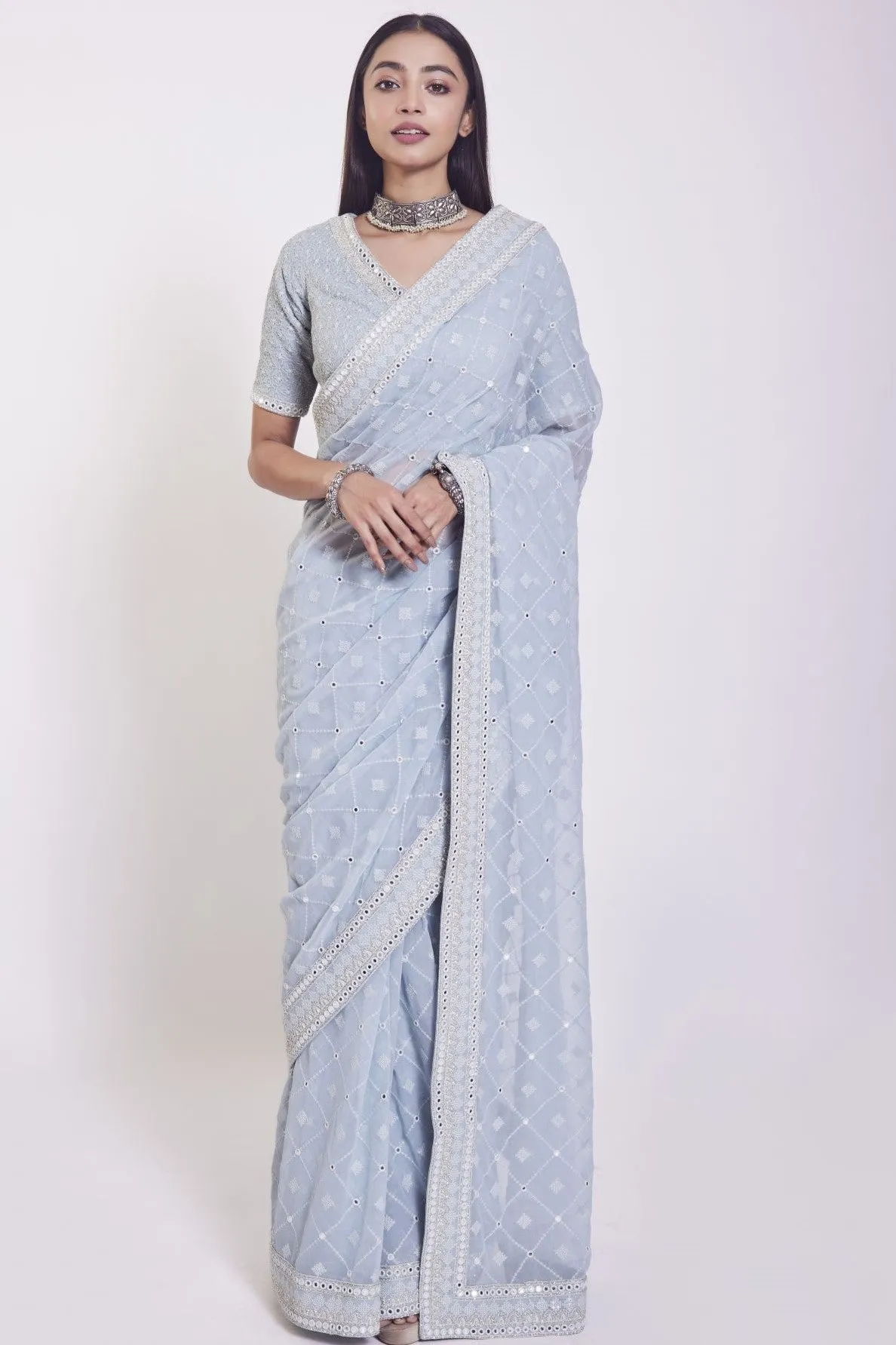 90Z824-RO Blue Embroidered Saree With Blouse