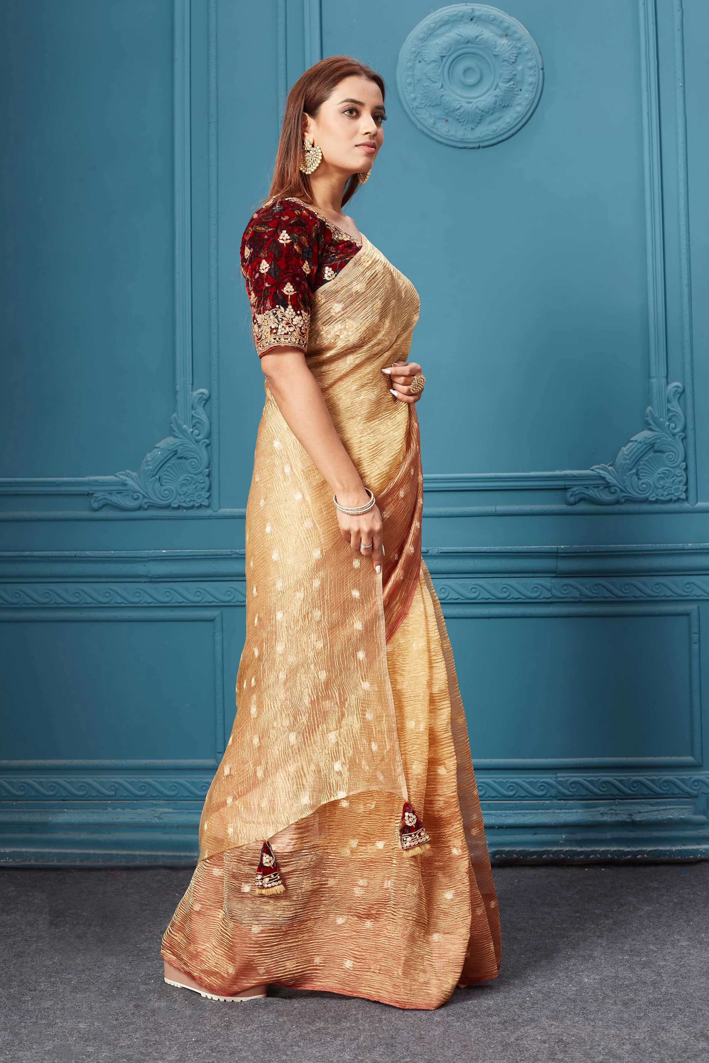 91A083 Golden Tissue Saree with Velvet Embroidered Blouse