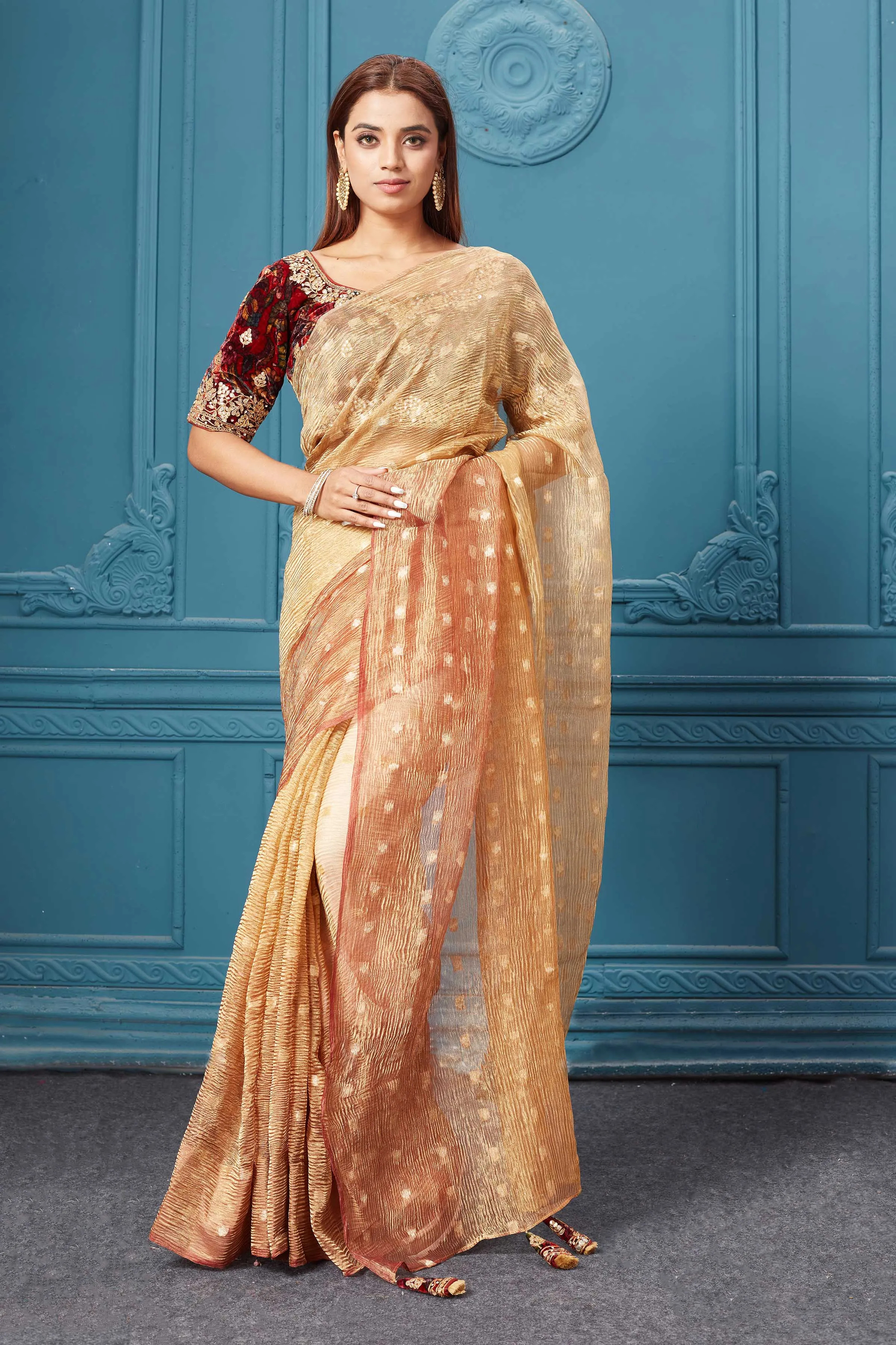 91A083 Golden Tissue Saree with Velvet Embroidered Blouse