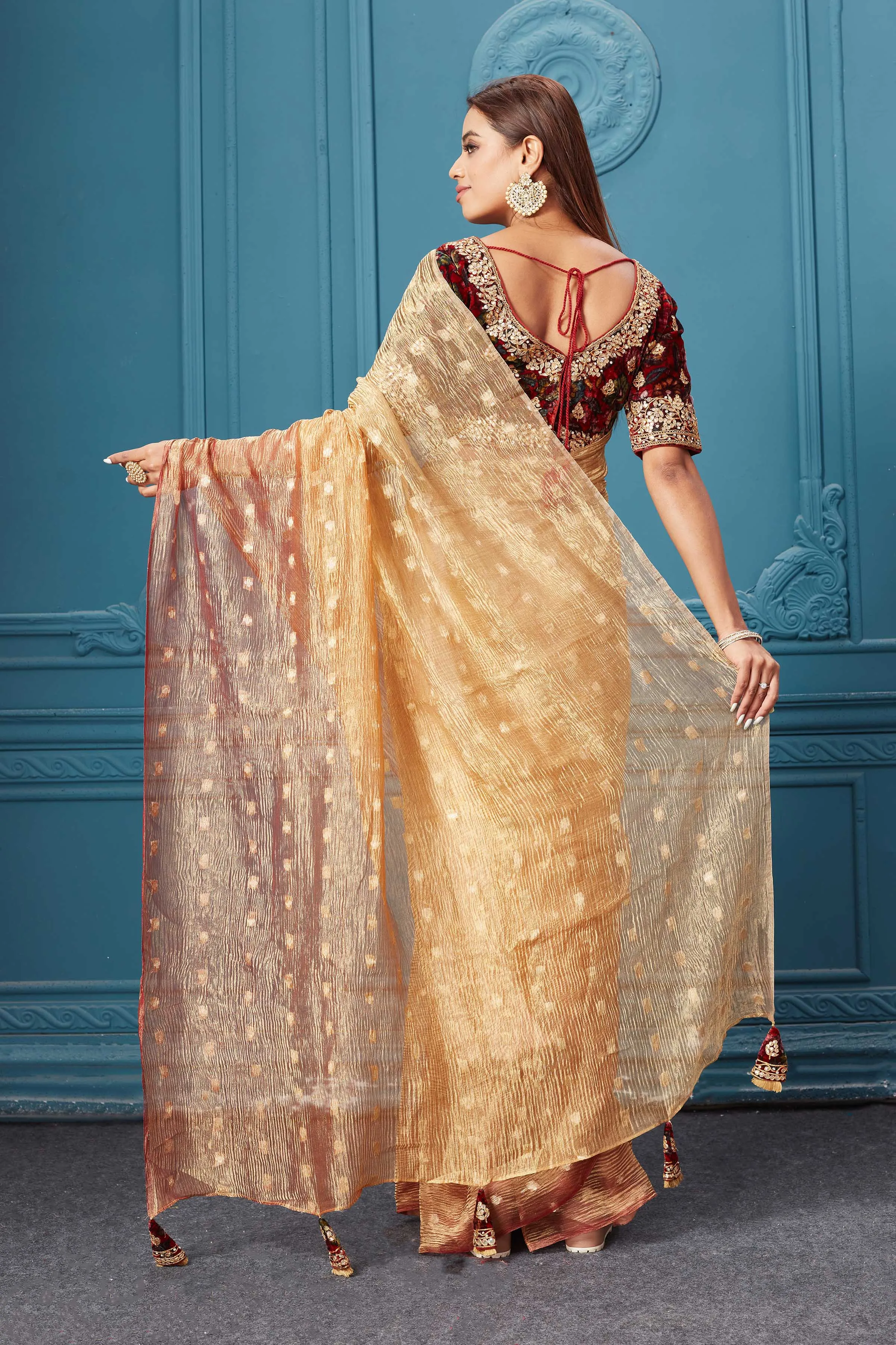 91A083 Golden Tissue Saree with Velvet Embroidered Blouse