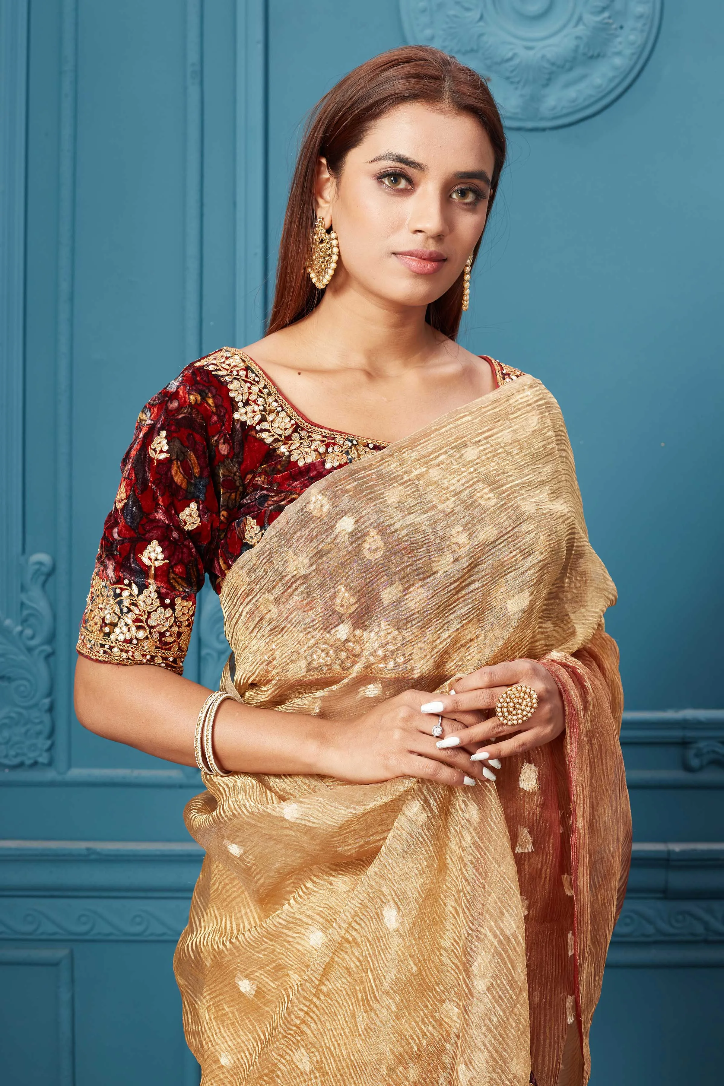 91A083 Golden Tissue Saree with Velvet Embroidered Blouse