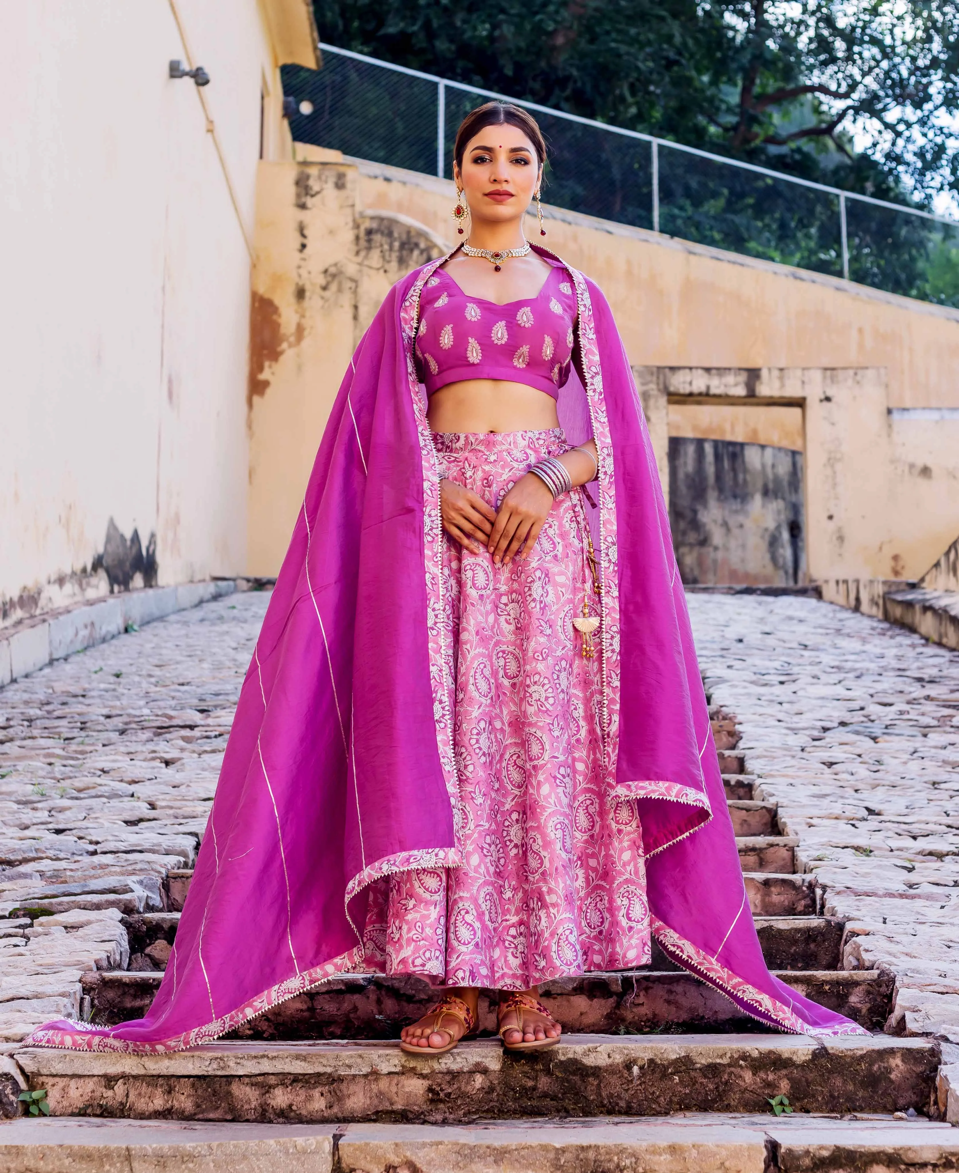 Aarzoo Pink and Purple Hand Block Printed Lehenga  Set