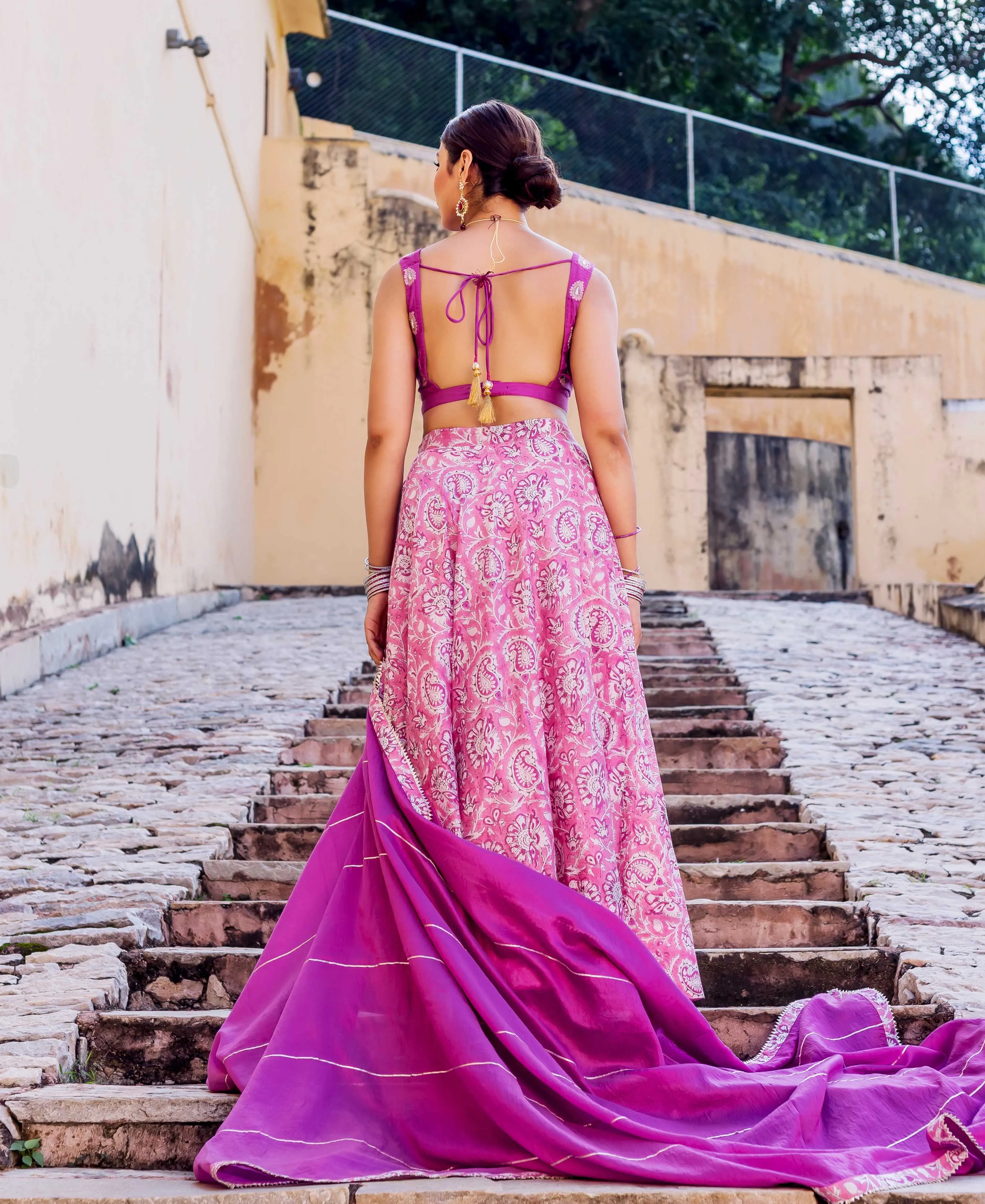 Aarzoo Pink and Purple Hand Block Printed Lehenga  Set