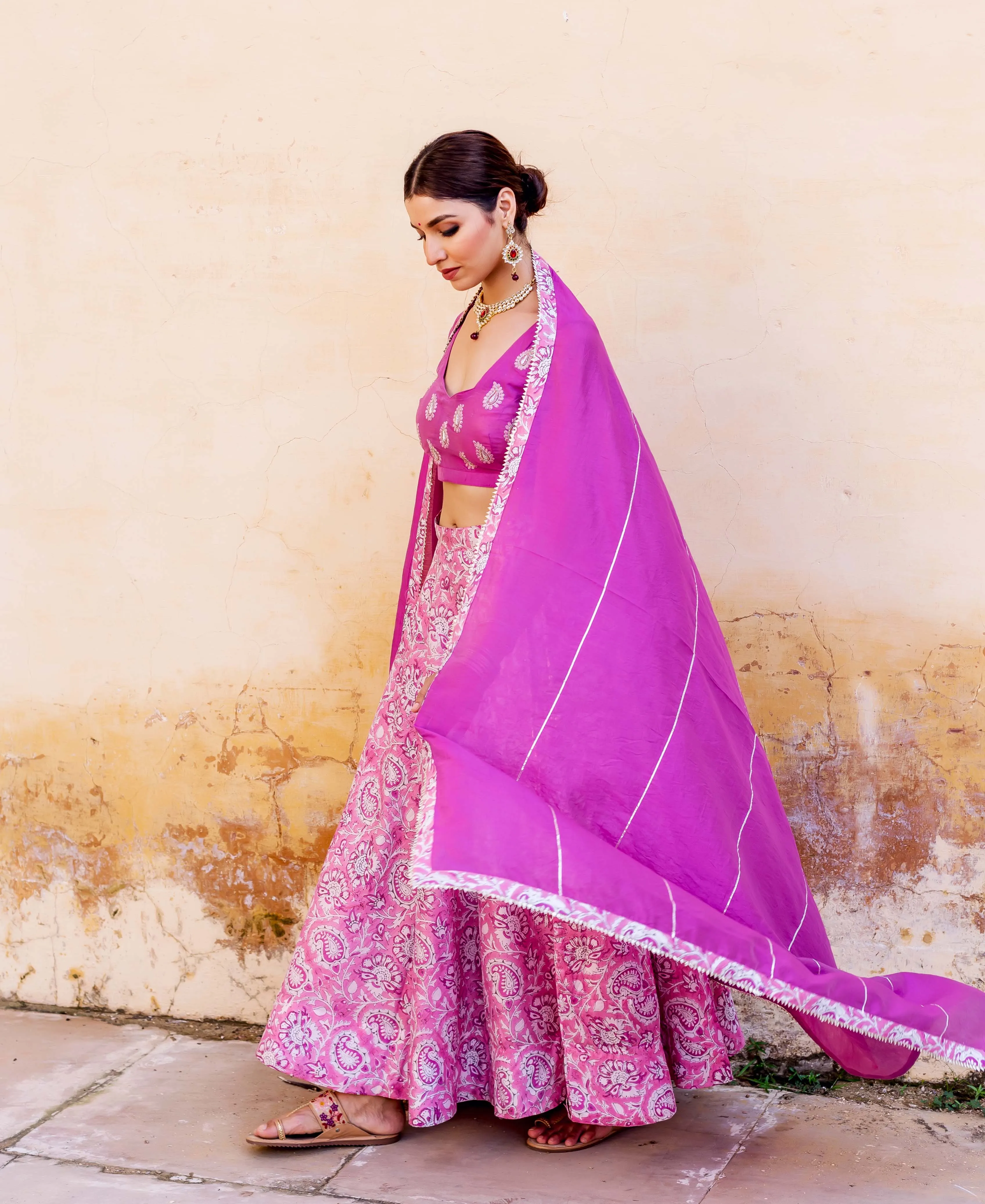 Aarzoo Pink and Purple Hand Block Printed Lehenga  Set