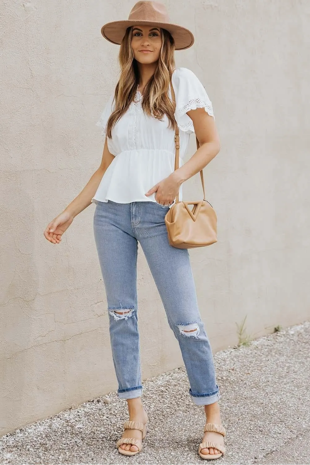 Amber Lace Trim V-Neck Tied Peplum Blouse