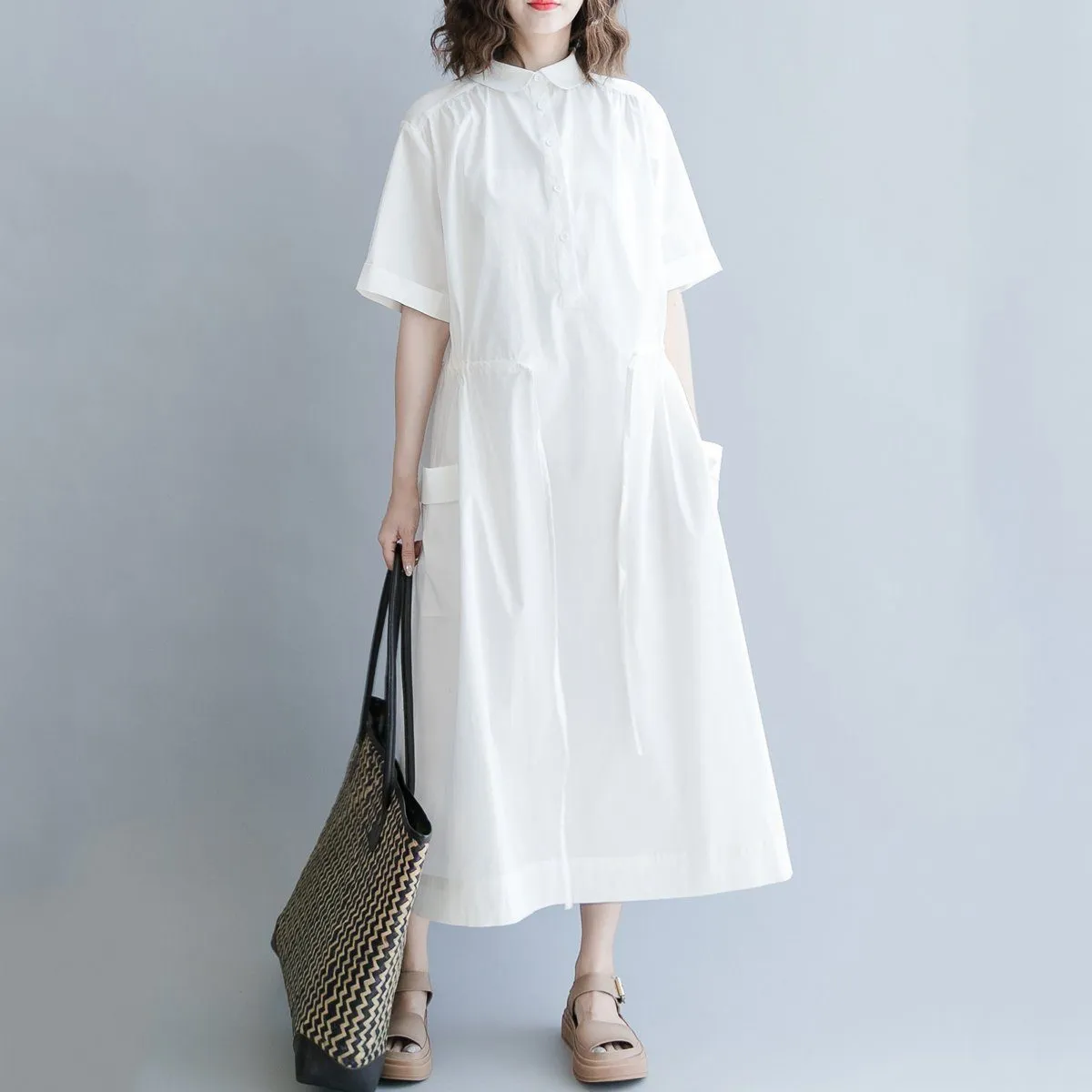 Babakud Polo Neck Button Front Drawstring Solid Dress