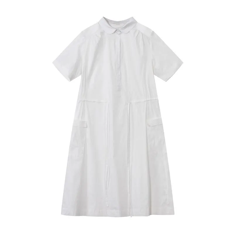 Babakud Polo Neck Button Front Drawstring Solid Dress