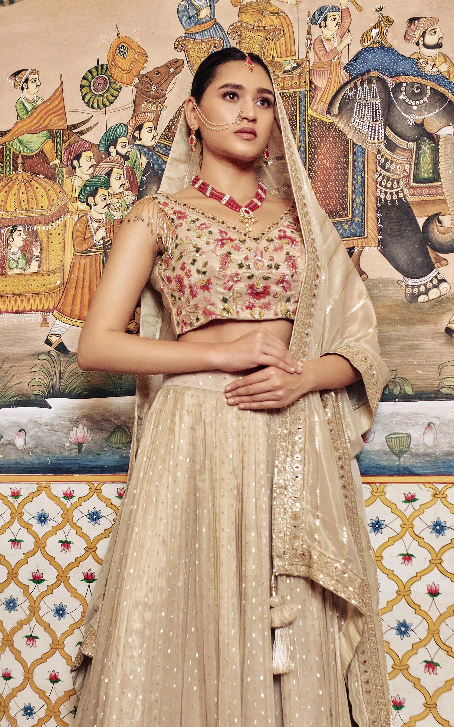 Beige Embroidered Glass Organza Silk Lehenga Set