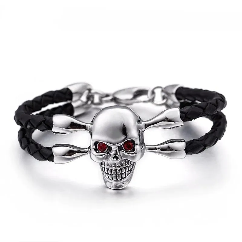 Black Two Strand Braided Leather Skull with Cubic Zirconia Bracelet