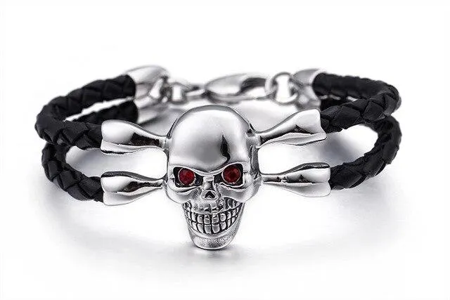 Black Two Strand Braided Leather Skull with Cubic Zirconia Bracelet