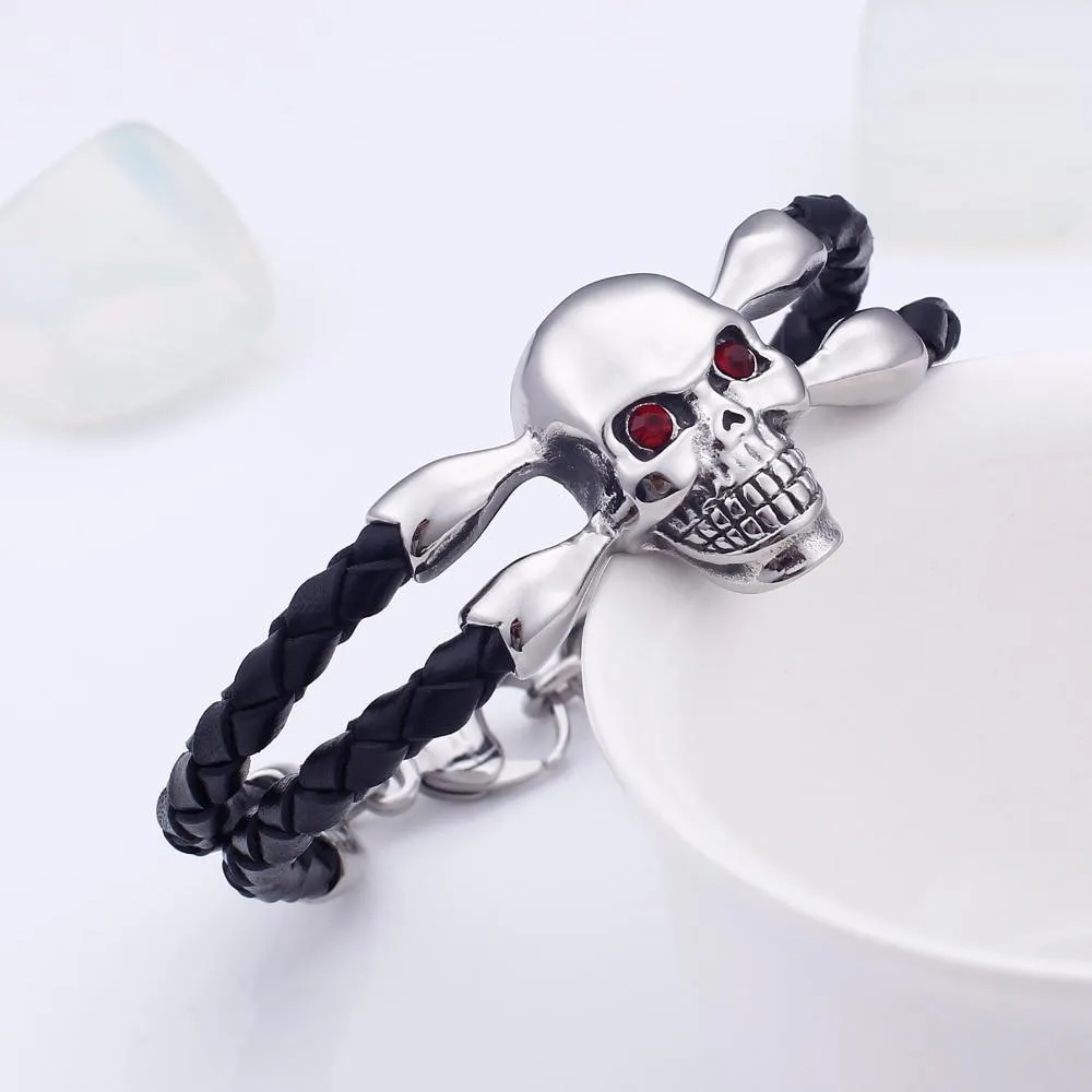 Black Two Strand Braided Leather Skull with Cubic Zirconia Bracelet