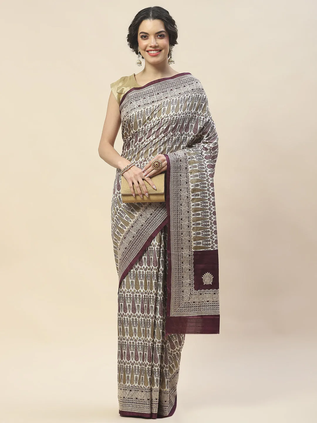 Block Print Woven Tussar Saree