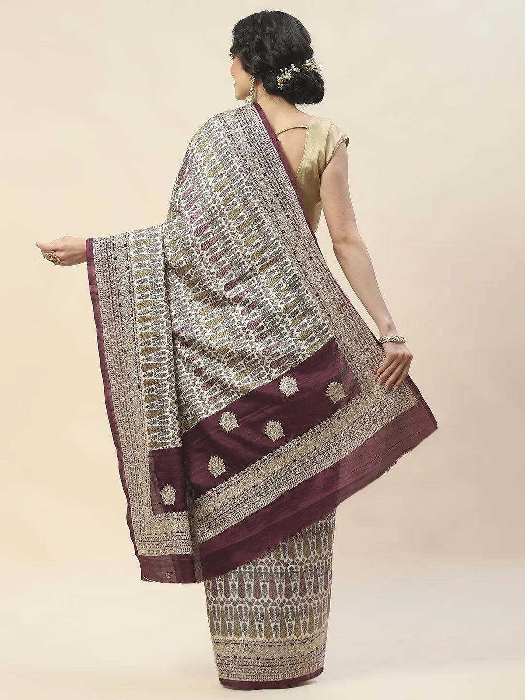 Block Print Woven Tussar Saree