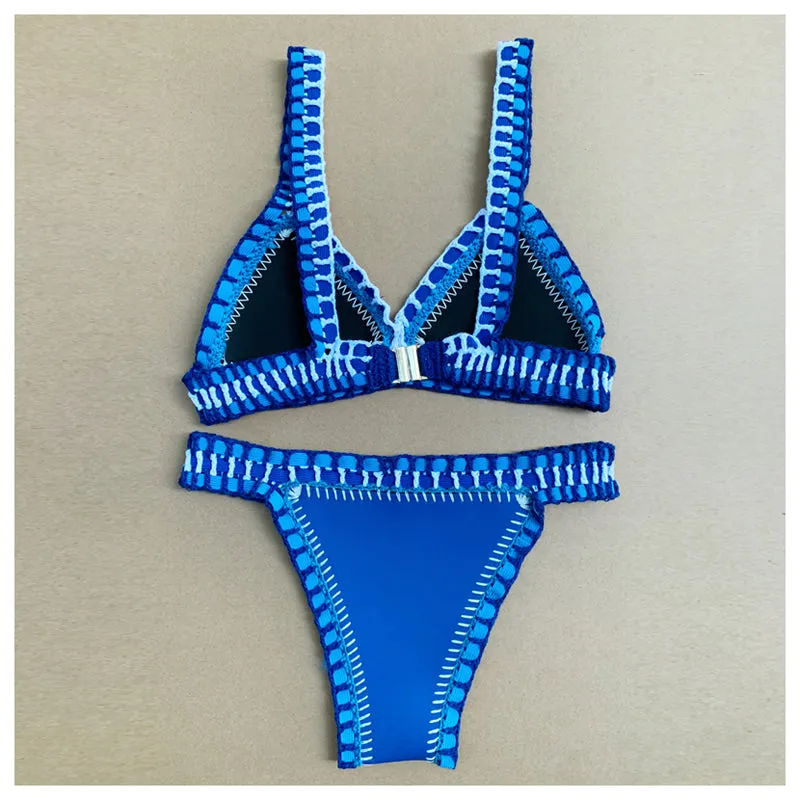 Blue Yellow Neoprene Crochet Swimwear Bikini Set