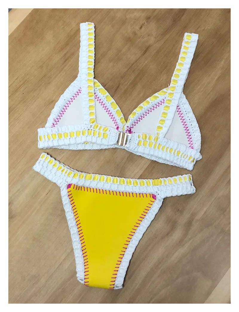 Blue Yellow Neoprene Crochet Swimwear Bikini Set