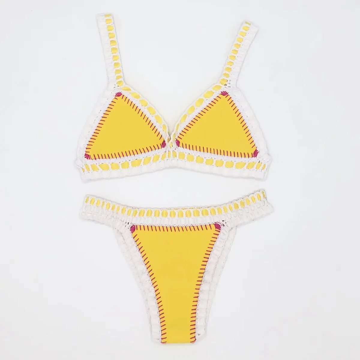 Blue Yellow Neoprene Crochet Swimwear Bikini Set