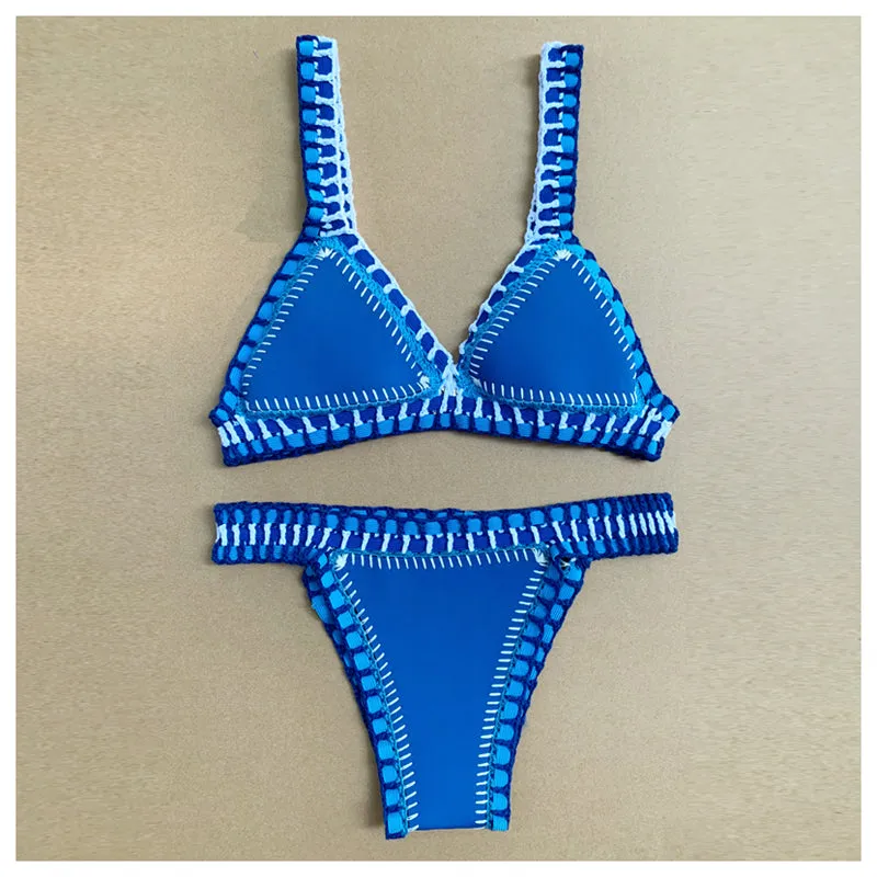 Blue Yellow Neoprene Crochet Swimwear Bikini Set