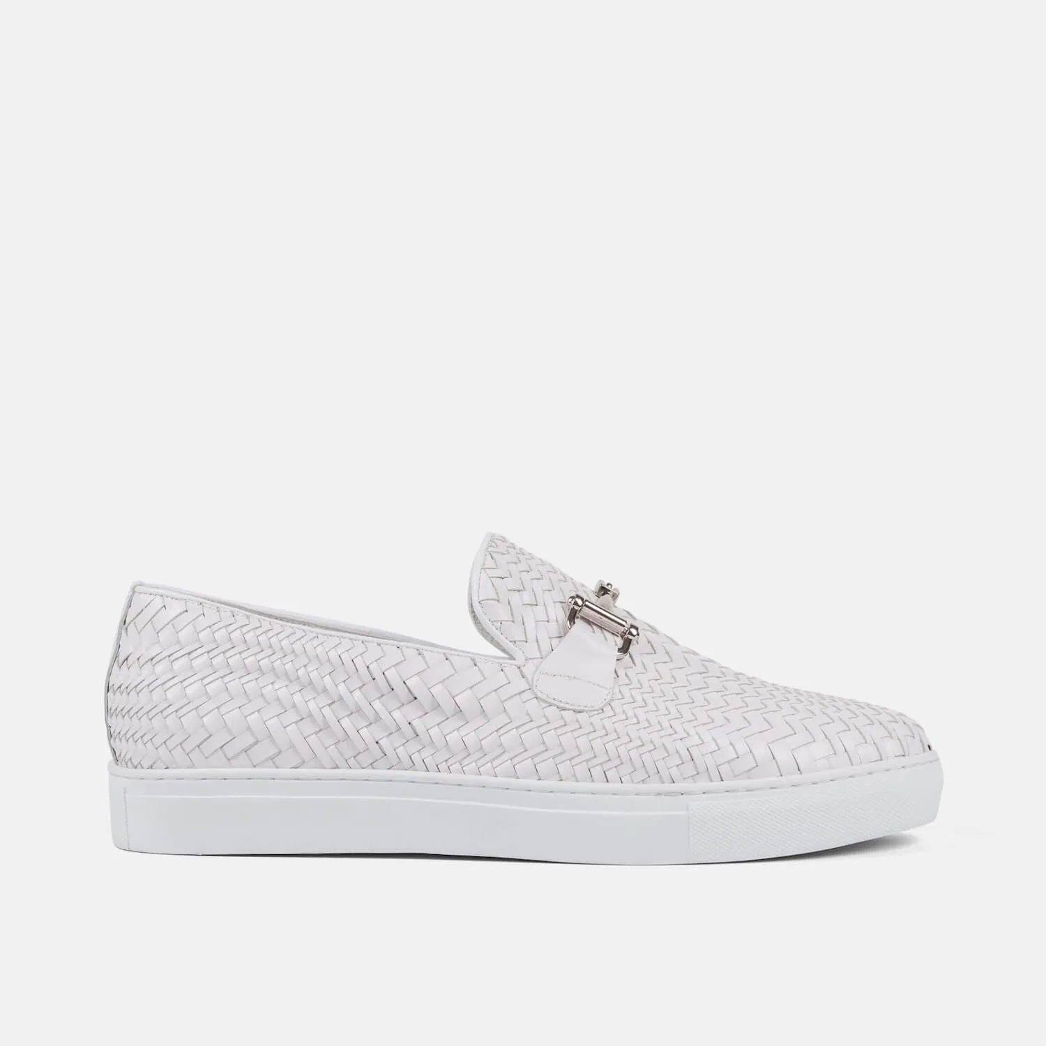 Boardwalk White Woven Leather Horse-Bit Sneakers