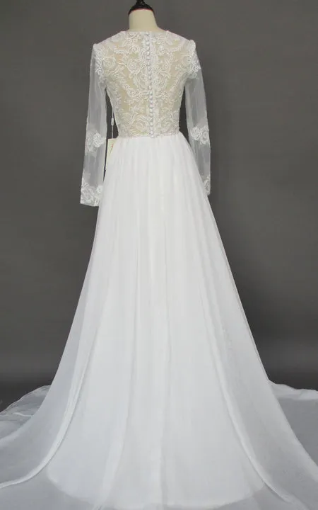 Bohemian Lace Long Sleeves Floor Length A Line Applique Chiffon Boho Bridal Gowns-Z715305