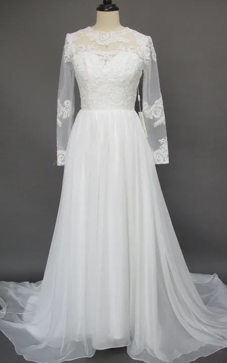 Bohemian Lace Long Sleeves Floor Length A Line Applique Chiffon Boho Bridal Gowns-Z715305