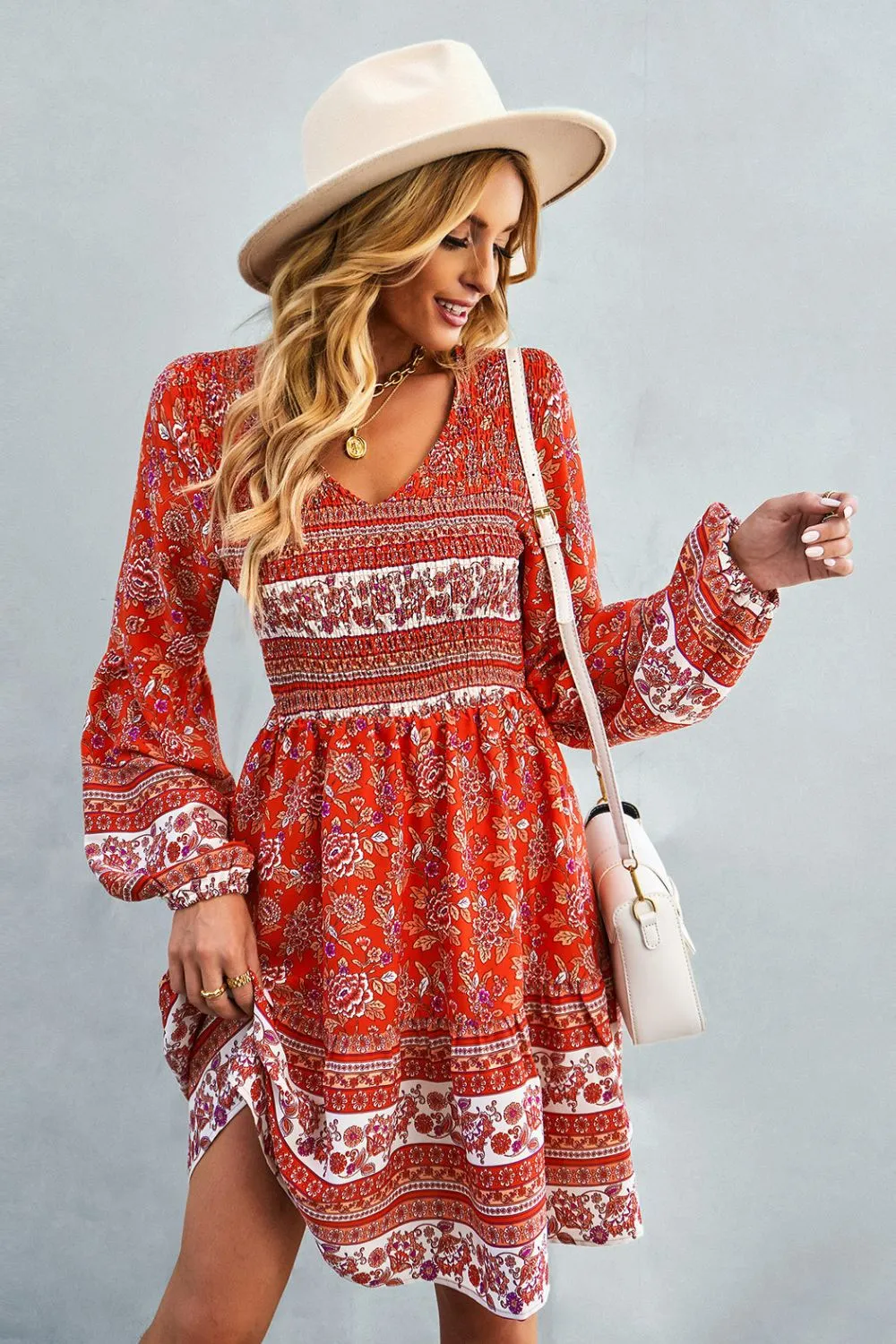 Boho Bohemian V-Neck Balloon Sleeve Dress