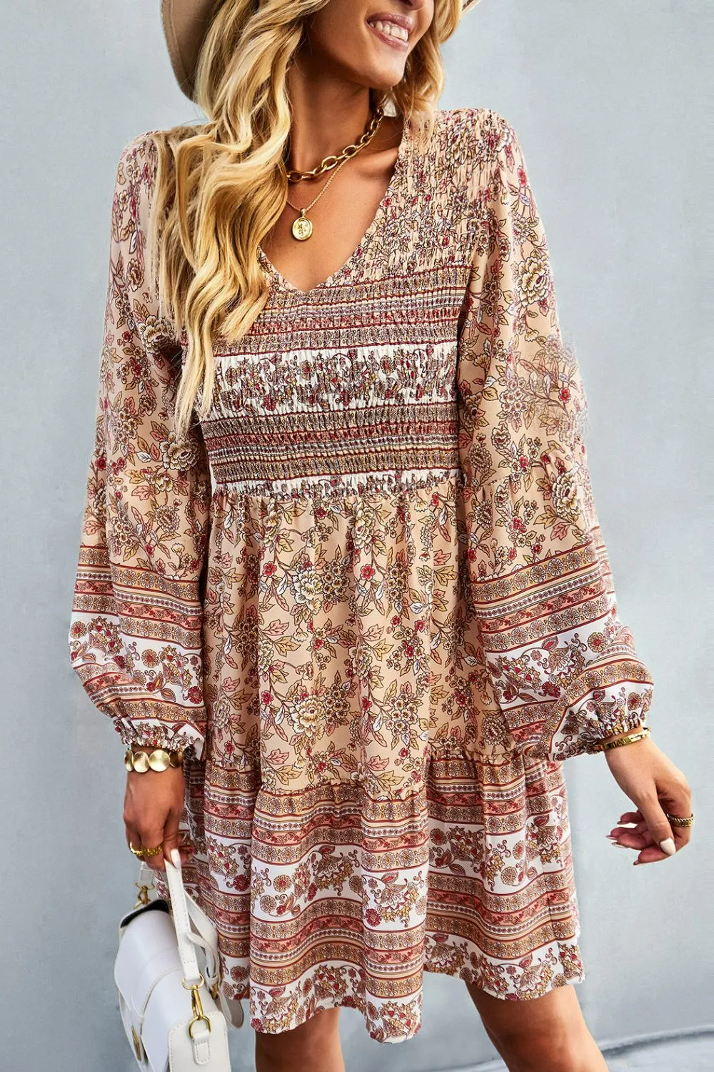 Boho Bohemian V-Neck Balloon Sleeve Dress