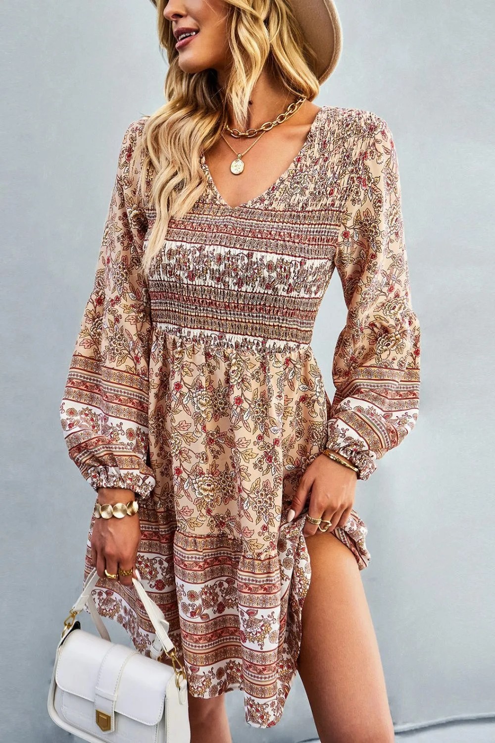 Boho Bohemian V-Neck Balloon Sleeve Dress