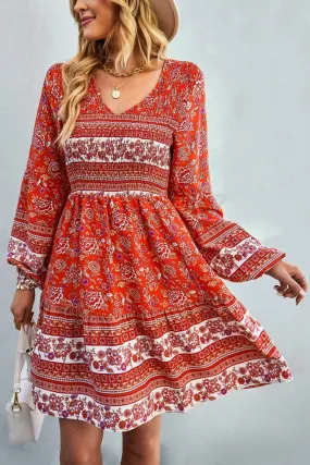 Boho Bohemian V-Neck Balloon Sleeve Dress