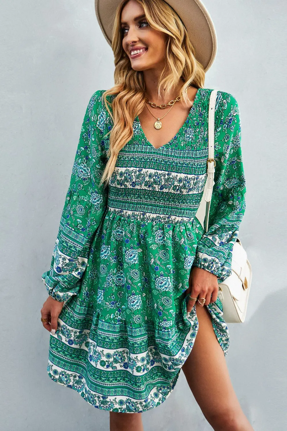 Boho Bohemian V-Neck Balloon Sleeve Dress