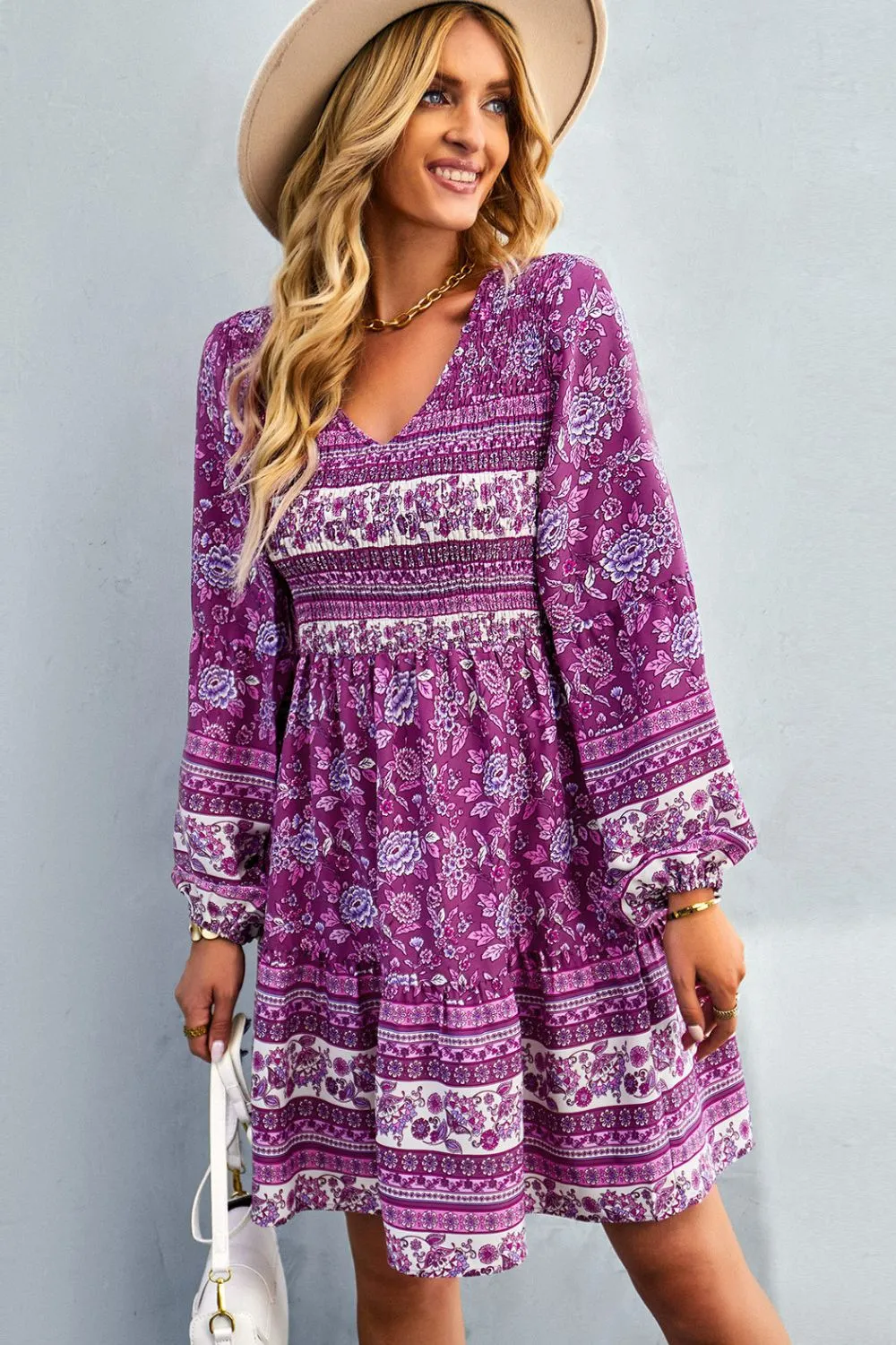 Boho Bohemian V-Neck Balloon Sleeve Dress