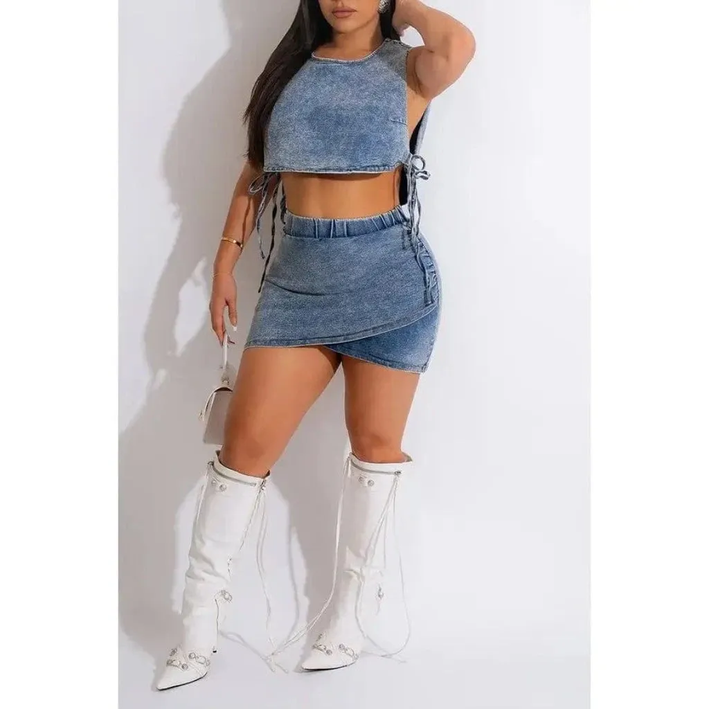 Breezy Round Neck Denim Mini Skirt Sets