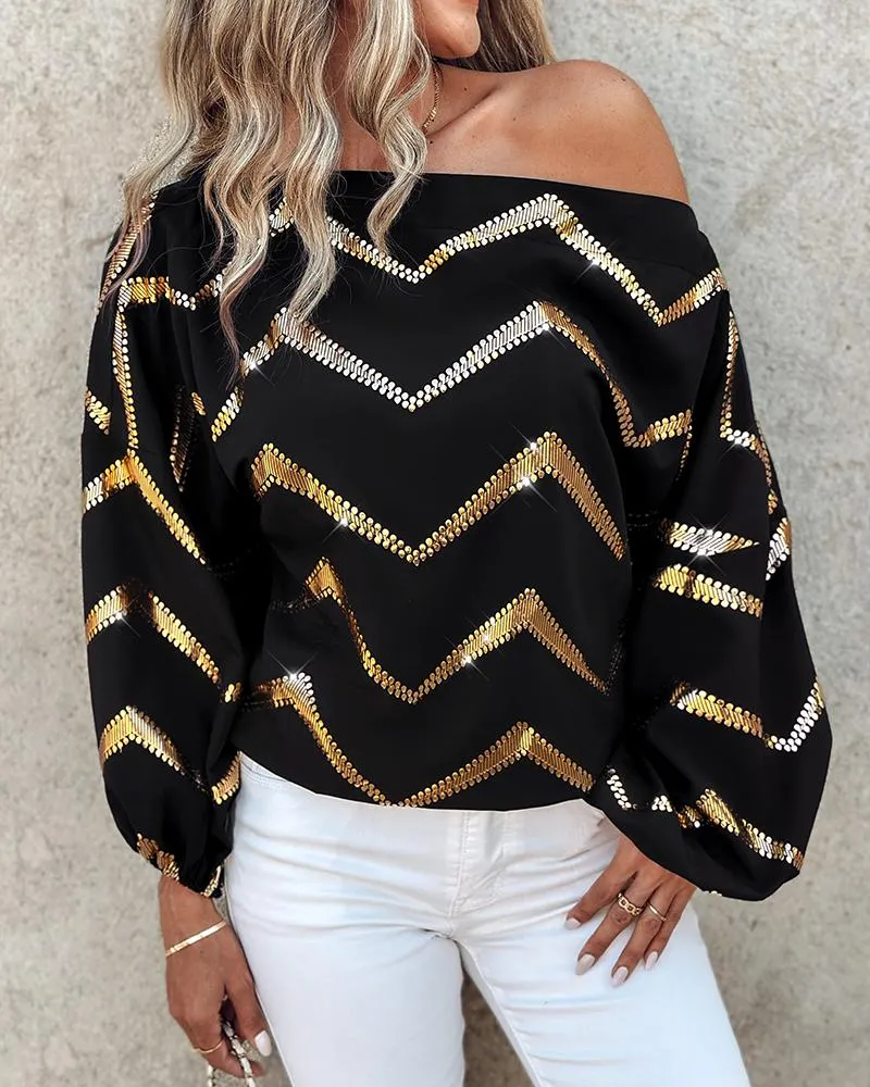 Bronzing Chevron Print Lantern Sleeve Top