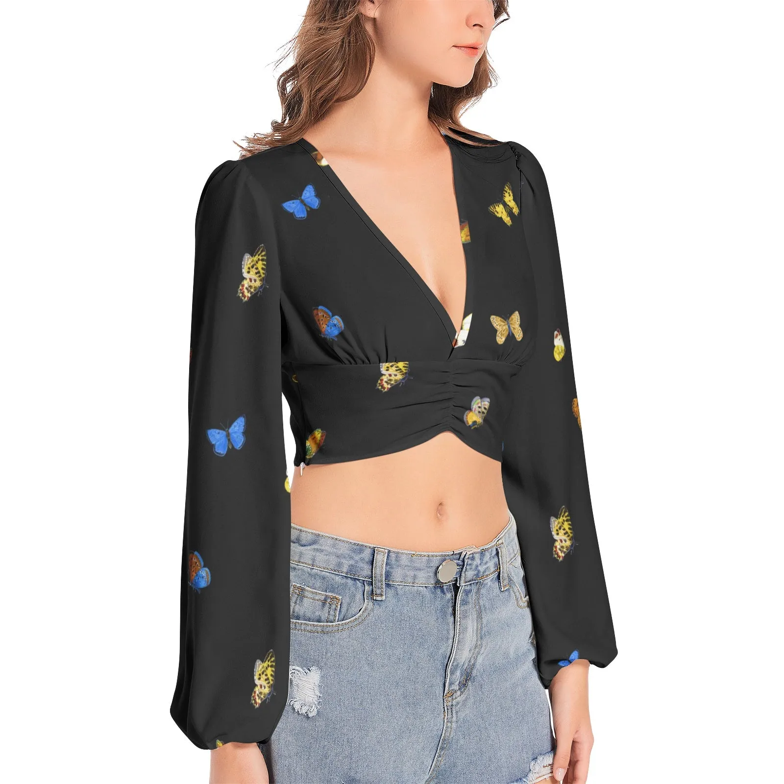 Butterfly Medley Women's Deep V-Neck Lantern Sleeve Crop Top