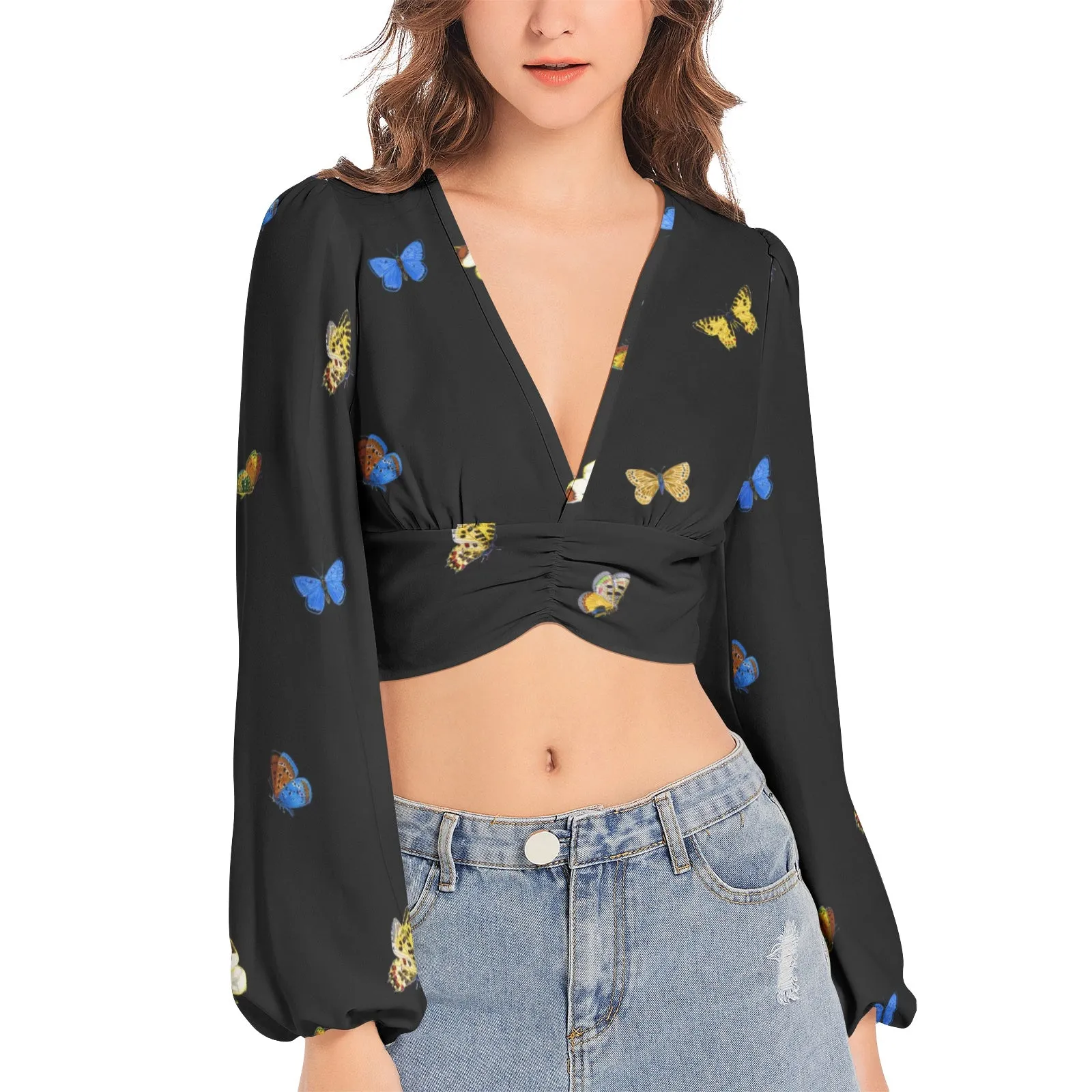 Butterfly Medley Women's Deep V-Neck Lantern Sleeve Crop Top