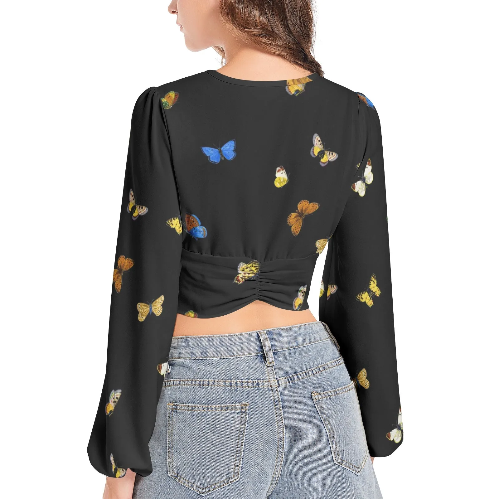 Butterfly Medley Women's Deep V-Neck Lantern Sleeve Crop Top