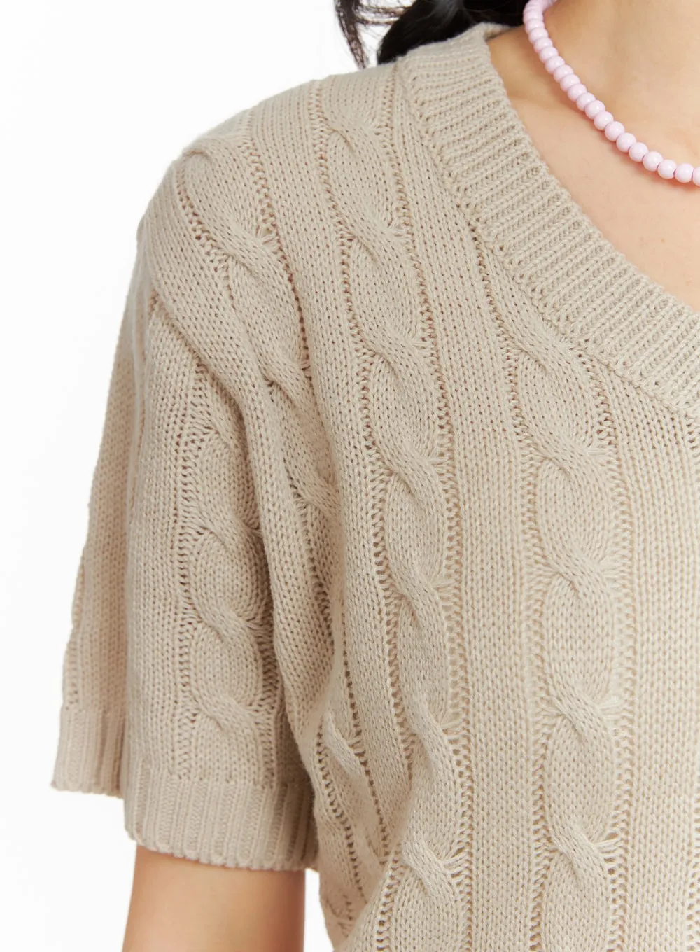 Cable Knit V-Neck Short Sleeve Sweater OM420